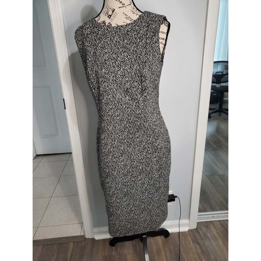 Calvin Klein Womens Black White Textured Sheath Dress Gold Zipper Size 8